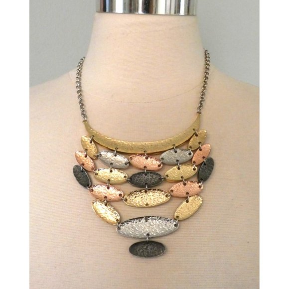 Modernist Necklace Mixed Metal Hammered Disk Bib Link Signed Erica Lyons - Picture 5 of 5
